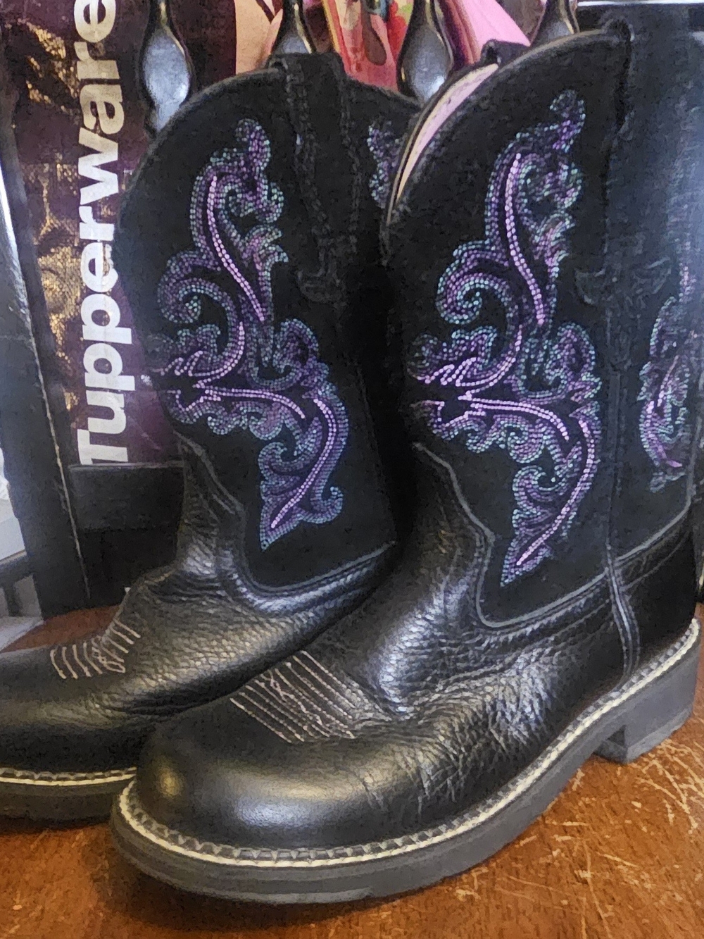 Ariat Fatbaby Black Leather Western Boots with Purple Embroidery